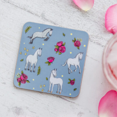 Beautiful Grey Horse & Roses Patterned Melamine Coaster by Emily Cole Illustrations.