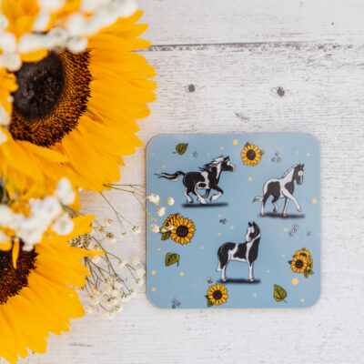 Striking Piebald Horse & Sunflower Patterned Melamine Coaster by Emily Cole Illustrations.