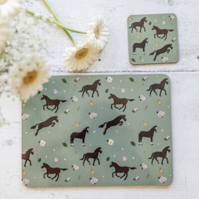 Bay Horse & Daisies Patterned Melamine Coaster and Placemat Table Set by Emily Cole Illustrations.