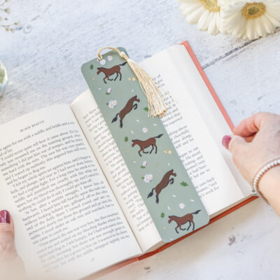 Bay Brown Horse and daisy green coloured bookmark with tassel by Emily Cole Illustrations.
