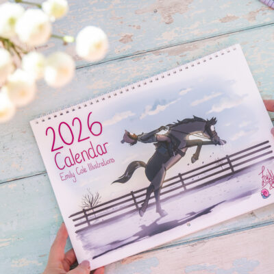Emily Cole Illustrations 2026 wall Calendar featuring 12 brand new humorous horse illustrations. Traditional month-to-view design with UK Holidays.