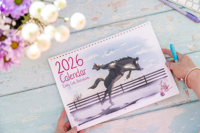 Emily Cole Illustrations 2026 wall Calendar featuring 12 brand new humorous horse illustrations. Traditional month-to-view design with UK Holidays.