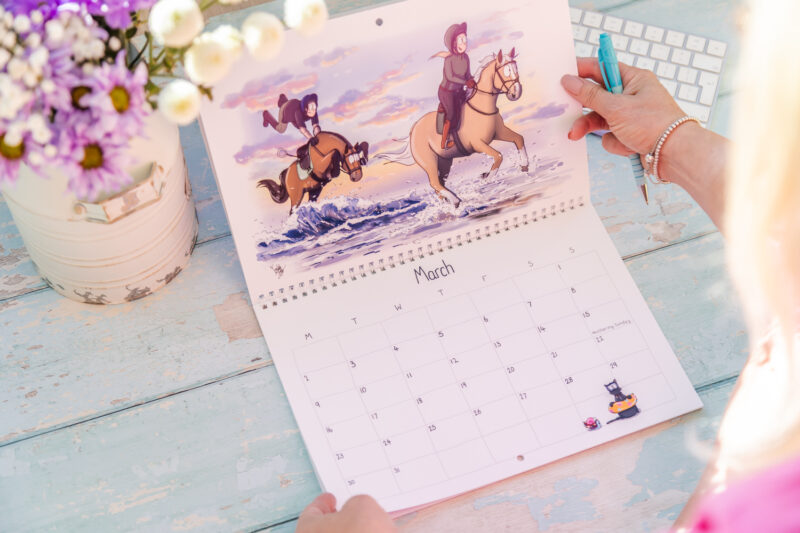 Emily Cole Illustrations 2026 wall Calendar featuring 12 brand new humorous horse illustrations. Traditional month-to-view design with UK Holidays.