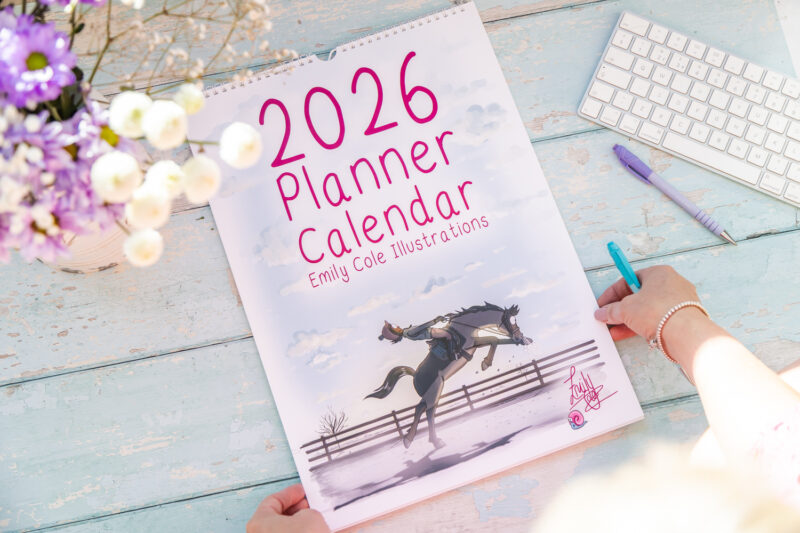 Emily Cole Illustrations 2026 Planner Calendar featuring 12 brand new humorous horse illustrations. 5 column layout, perfect for organising multiple family members or busy lives.