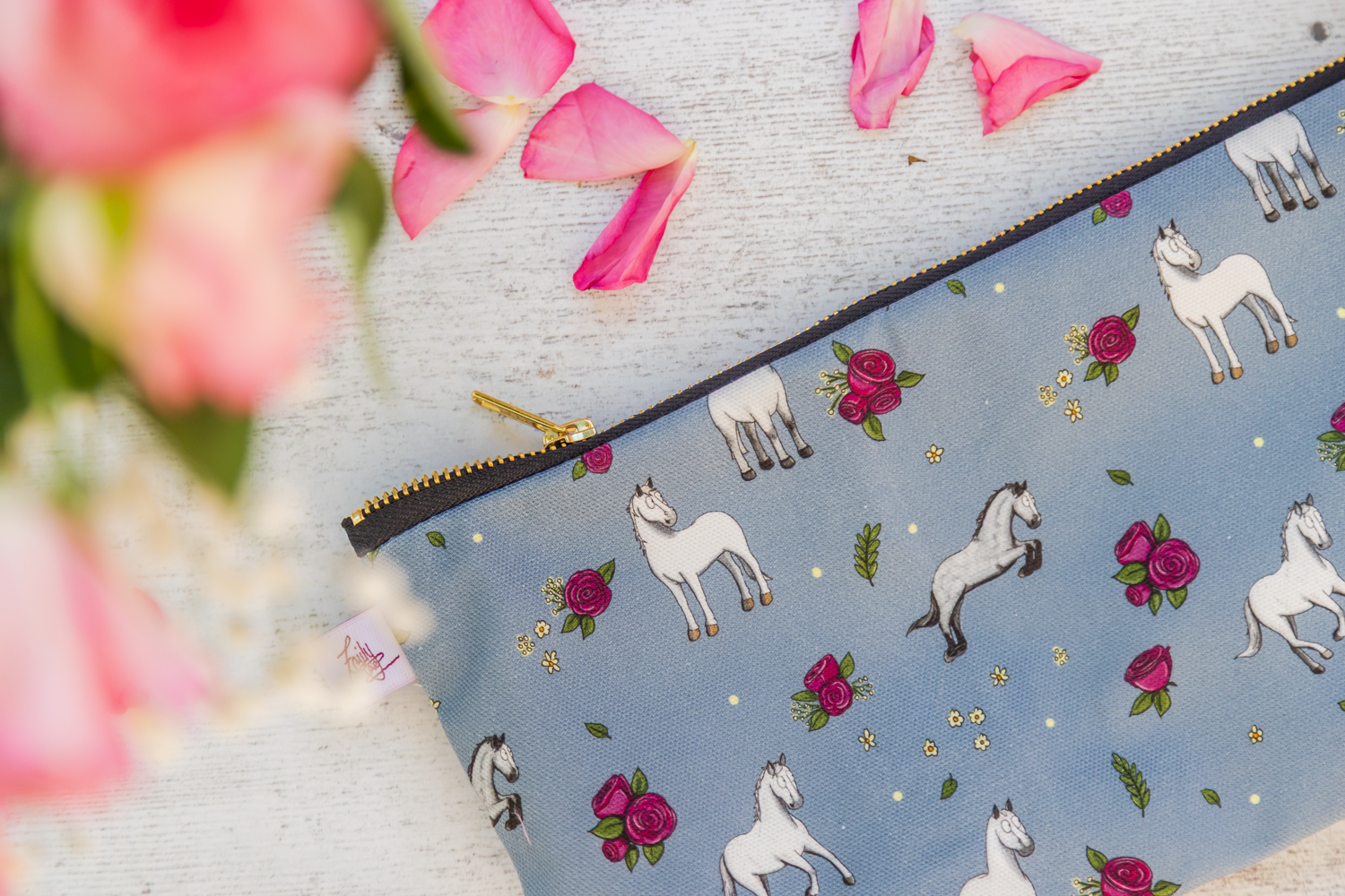 grey rose horse and pony patterned washbag by emily cole illustrations