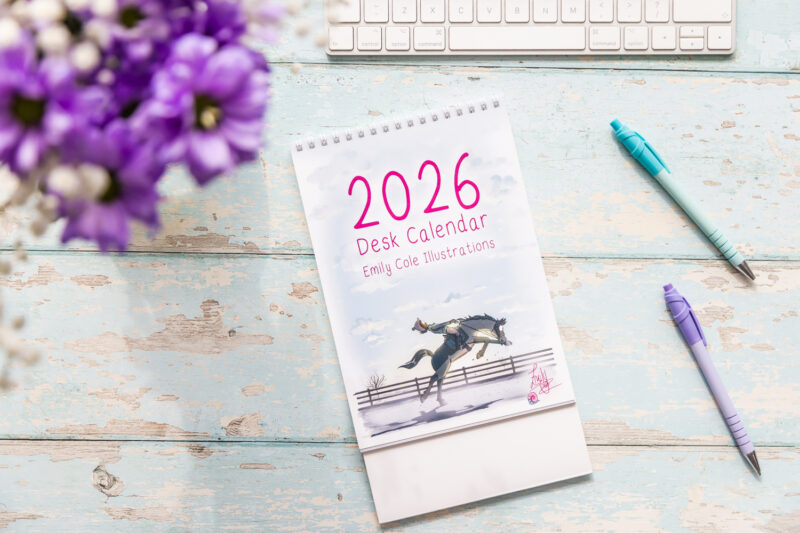 Emily Cole Illustrations 2026 desk Calendar featuring 12 brand new humorous horse illustrations. Traditional month-to-view design.