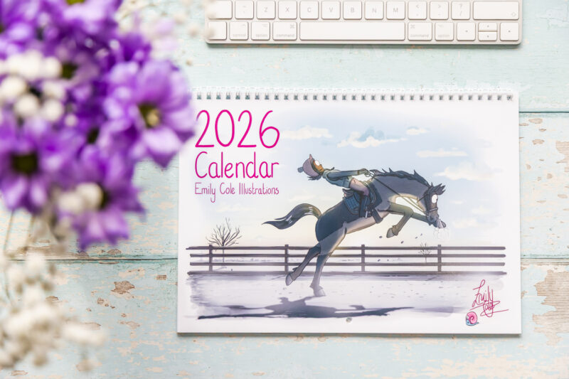 Emily Cole Illustrations 2026 wall Calendar featuring 12 brand new humorous horse illustrations. Traditional month-to-view design with UK Holidays.