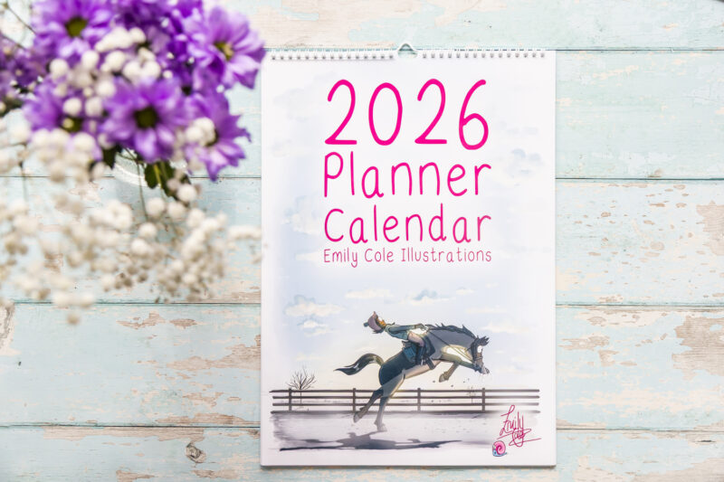 Emily Cole Illustrations 2026 Planner Calendar featuring 12 brand new humorous horse illustrations. 5 column layout, perfect for organising multiple family members or busy lives.