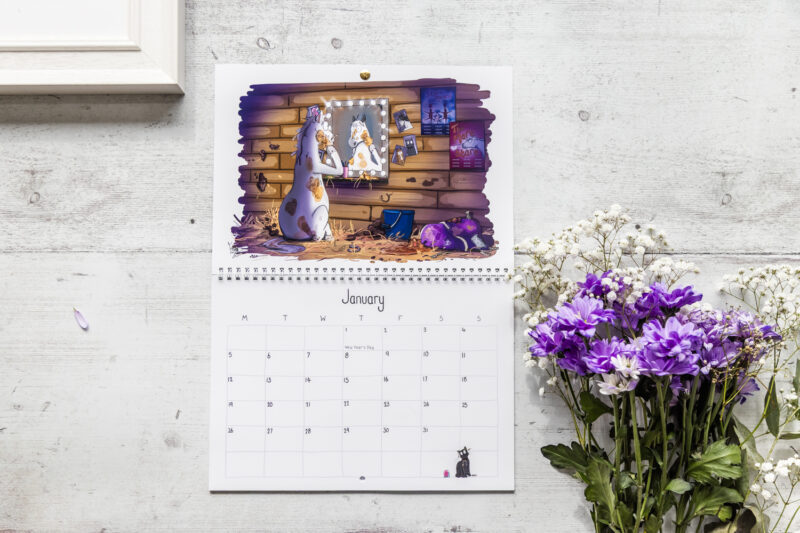 Emily Cole Illustrations 2026 wall Calendar featuring 12 brand new humorous horse illustrations. Traditional month-to-view design with UK Holidays.