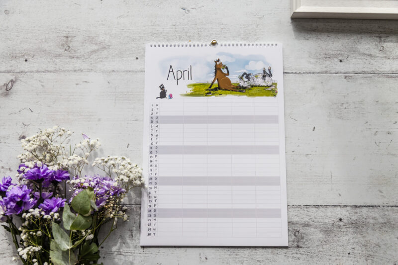 Emily Cole Illustrations 2026 Planner Calendar featuring 12 brand new humorous horse illustrations. 5 column layout, perfect for organising multiple family members or busy lives.