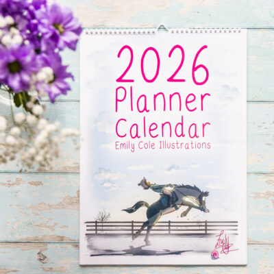 Emily Cole Illustrations 2026 Planner Calendar featuring 12 brand new humorous horse illustrations. 5 column layout, perfect for organising multiple family members or busy lives.