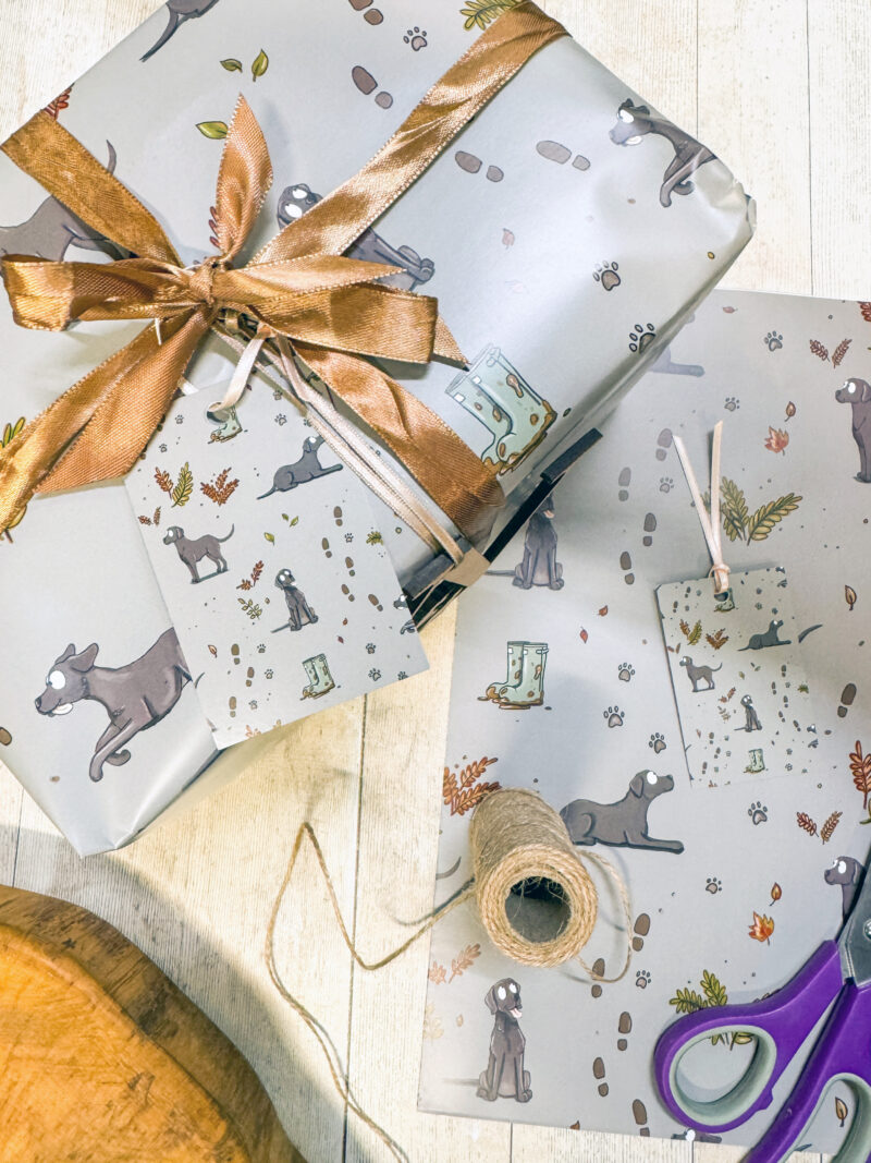 Black Labrador gundog dog illustrated wrapping paper by Emily Cole Illustrations