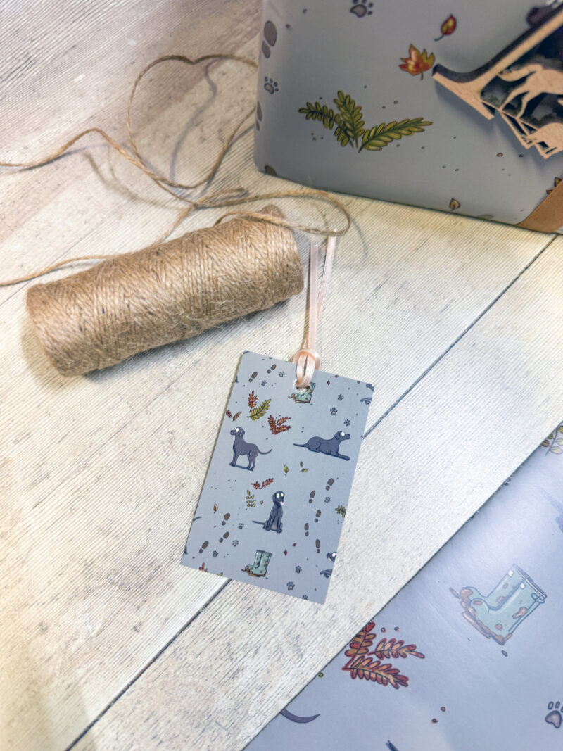 Black Labrador gundog dog illustrated wrapping paper by Emily Cole Illustrations gift tag