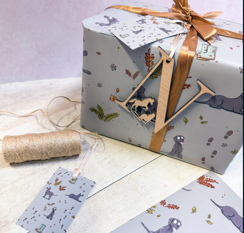 Black Labrador gundog dog illustrated wrapping paper by Emily Cole Illustrations photo