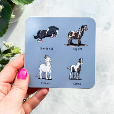 Sports Cob & friend cob-pendium horse coaster by Emily Cole Illustrations - held in hand