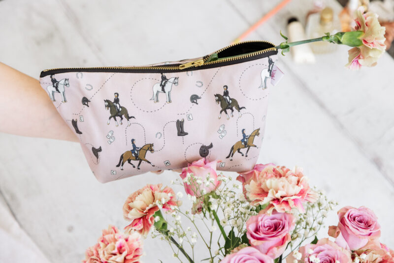 Pink Dressage Horse Wash Bag, Cosmetic Bag, Make-up Bag, Large Pencil Case