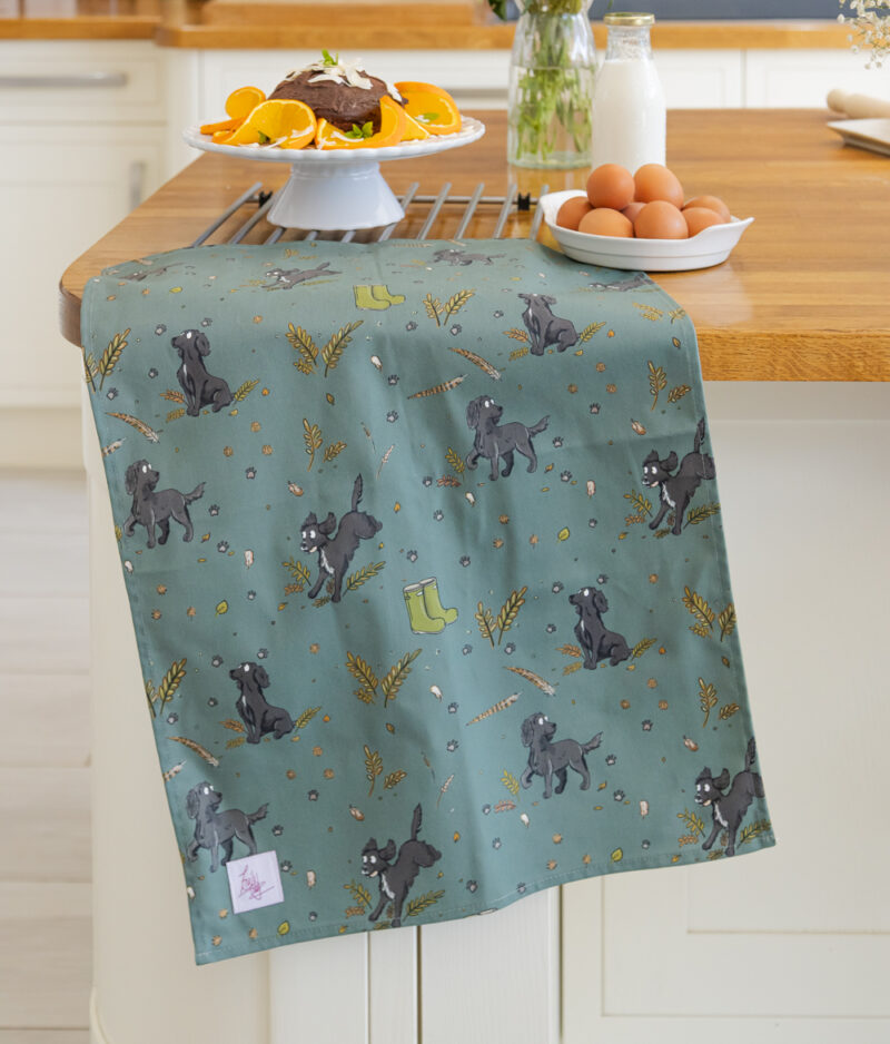 Black Spaniel Cotton Tea Towel - Spaniel dog Kitchenware by Emily Cole Illustrations