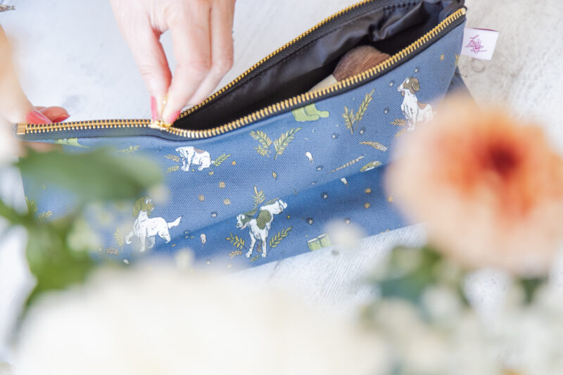 Beautiful Liver & White Spaniel Patterned Cotton Washbag, with Brass Zip by Emily Cole Illustrations.