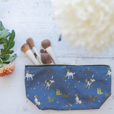 Beautiful Liver & White Spaniel Patterned Cotton Washbag, with Brass Zip by Emily Cole Illustrations.