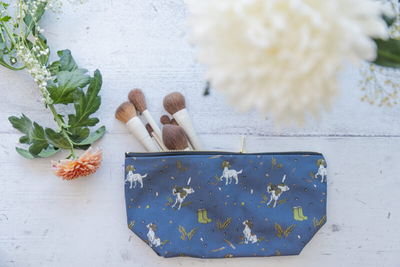 Beautiful Liver & White Spaniel Patterned Cotton Washbag, with Brass Zip by Emily Cole Illustrations.