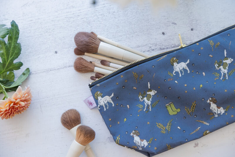 Beautiful Liver & White Spaniel Patterned Cotton Washbag, with Brass Zip by Emily Cole Illustrations.