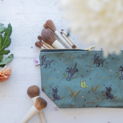 Beautiful Black Spaniel Patterned Cotton Washbag, with Brass Zip by Emily Cole Illustrations.