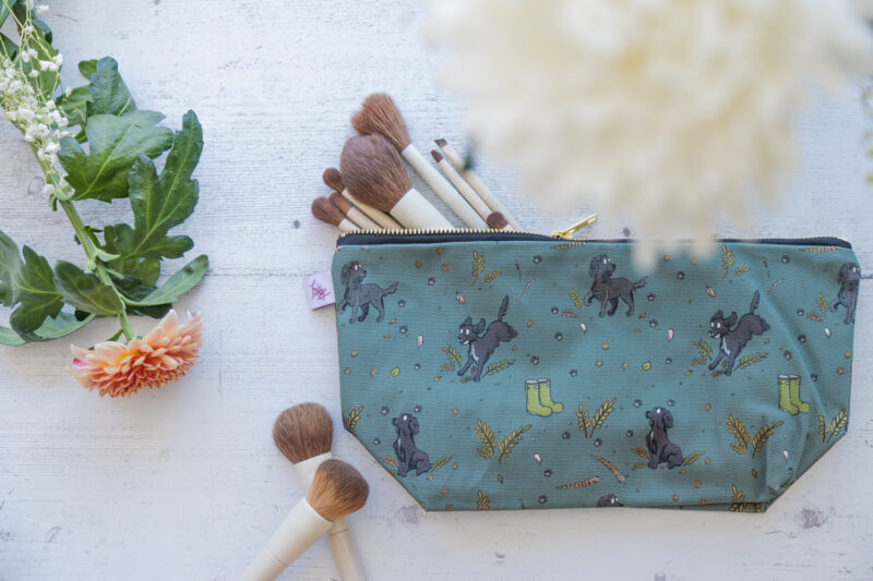 Beautiful Black Spaniel Patterned Cotton Washbag, with Brass Zip by Emily Cole Illustrations.