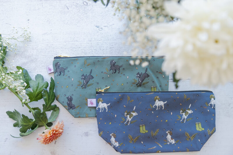 Beautiful Spaniel Patterned Cotton Washbag, with Brass Zip by Emily Cole Illustrations.