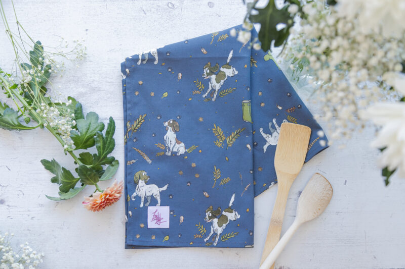 Liver & White Spaniel Cotton Tea Towel - Spaniel dog Kitchenware by Emily Cole Illustrations