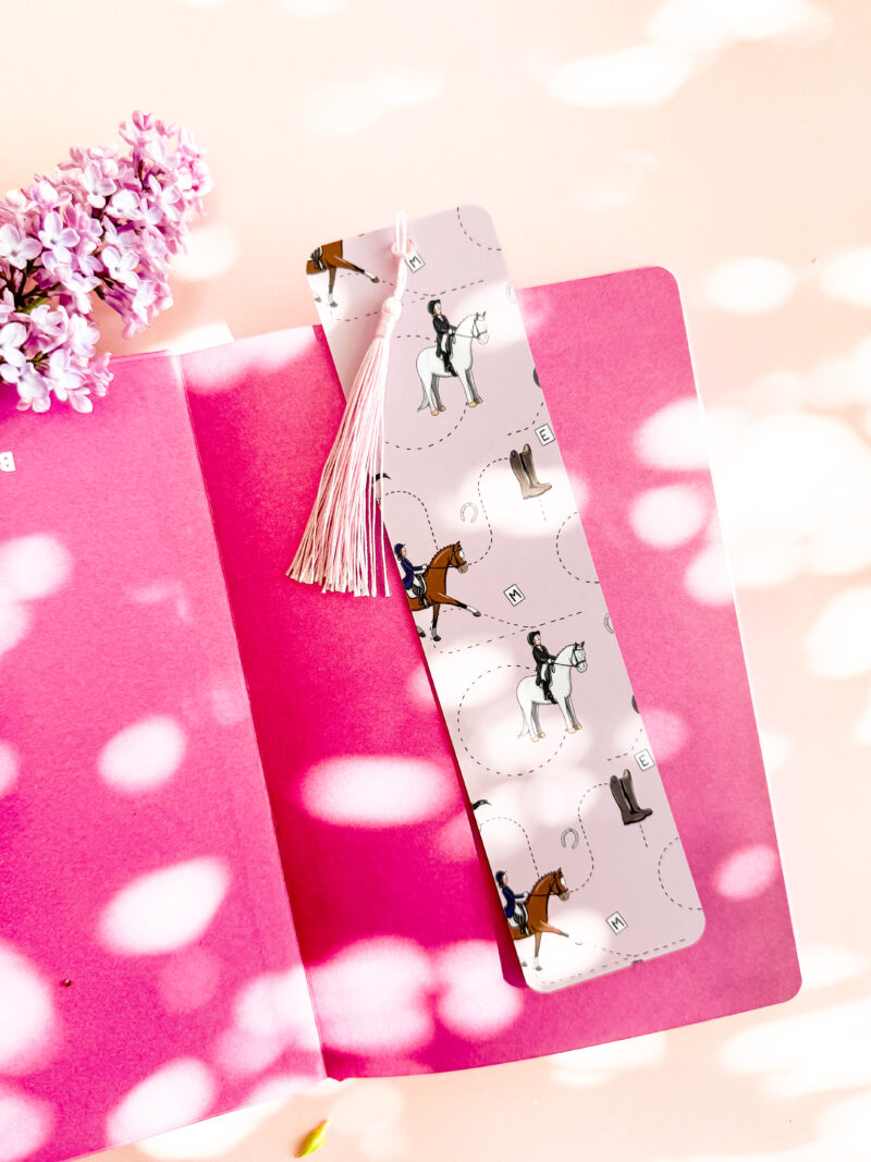 Horse and dressage rider pattern on pink bookmark by Emily Cole Illustrations