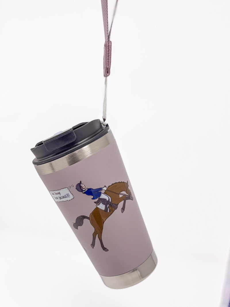 Think Dressage Pink Bay horse Travel Mug by Emily Cole Illustrations hanging strap