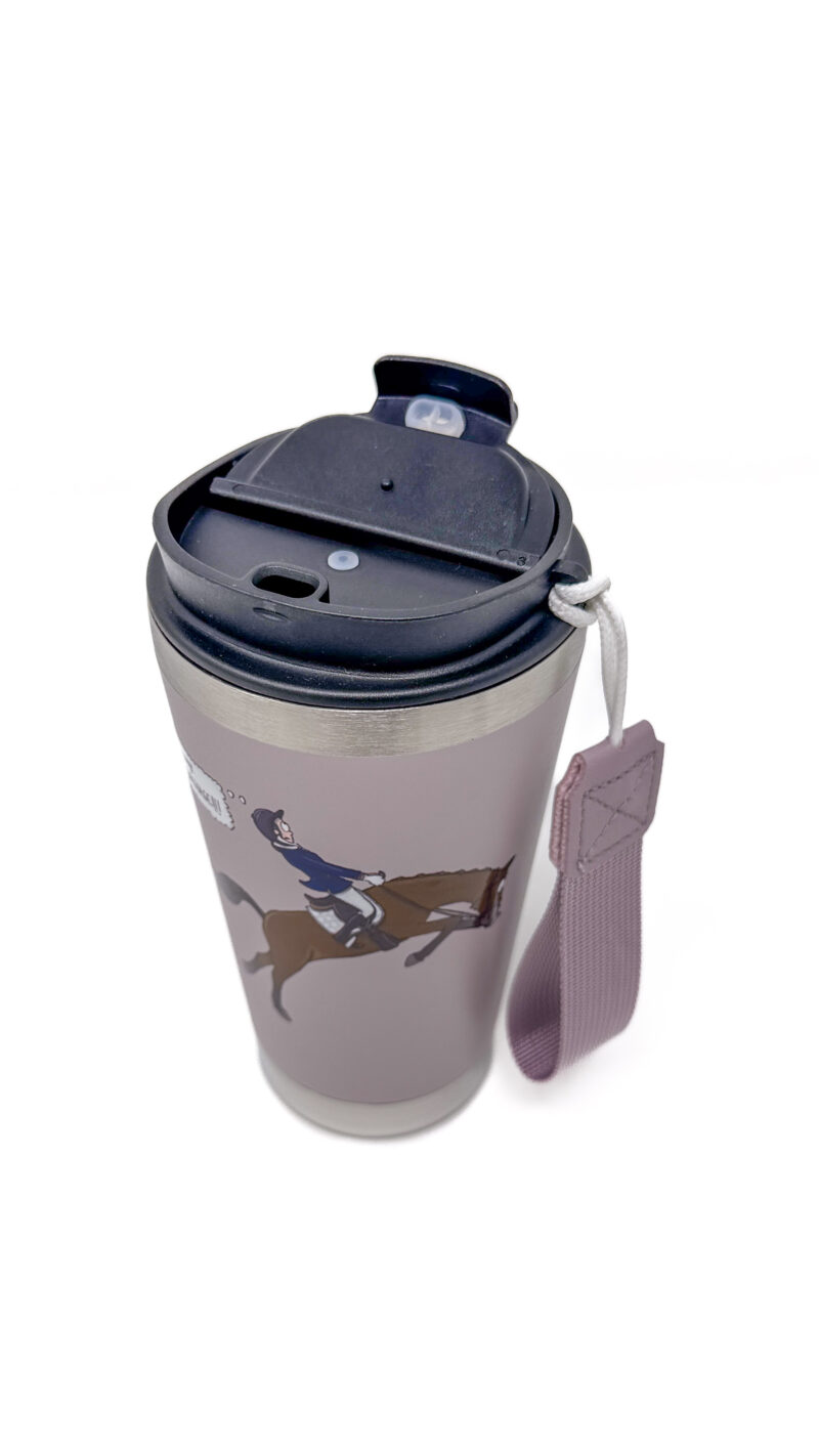 Think Dressage Pink Bay horse Travel Mug by Emily Cole Illustrations open lid