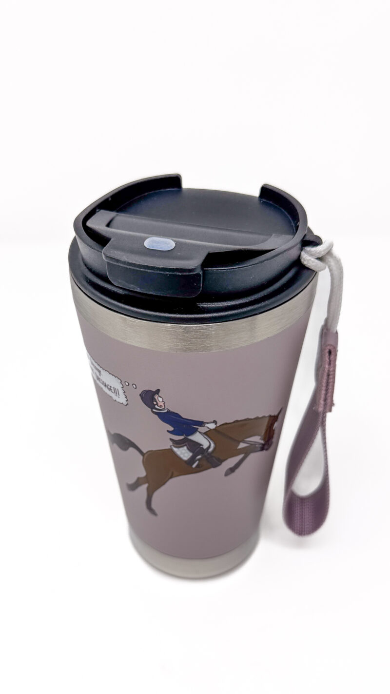 Think Dressage Pink Bay horse Travel Mug by Emily Cole Illustrations closed lid