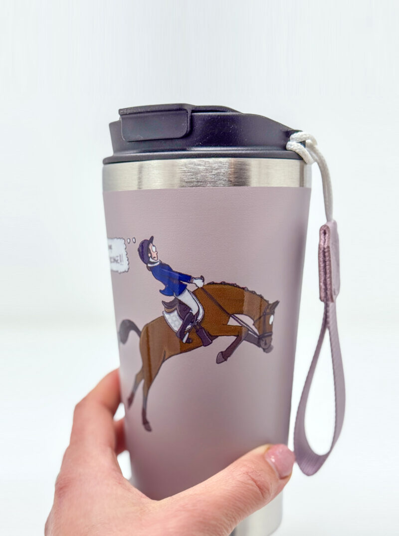 Think Dressage Pink Bay horse Travel Mug by Emily Cole Illustrations close up