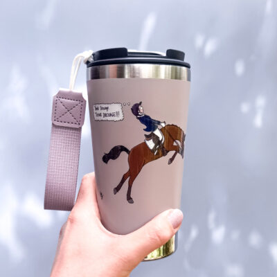 Think Dressage Pink Bay horse Travel Mug by Emily Cole Illustrations held in hand