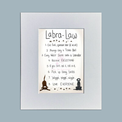 The Original Labra-Law Chocolate & Black Labradors Mounted Mini Print. Designed & Written by Emily Cole Illustrations