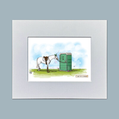 I Won't Be a Minute. Humorous Horse Mounted Mini Print by Emily Cole Illustrations