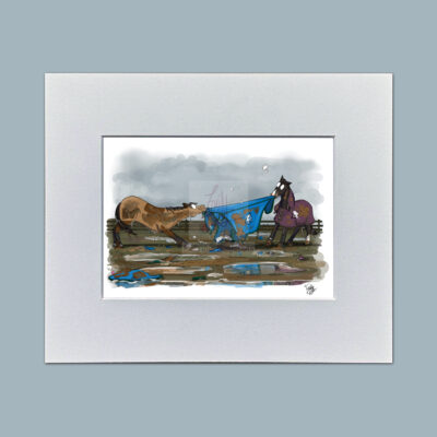 Rug O' War. Humorous Horse Mounted Mini Print by Emily Cole Illustrations