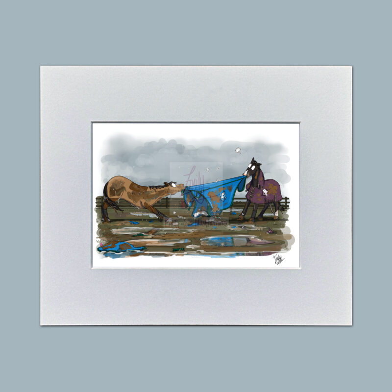 Rug O' War. Humorous Horse Mounted Mini Print by Emily Cole Illustrations