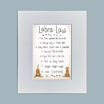 The Original Labra-Law Yellow Labrador Mounted Mini Print. Designed & Written by Emily Cole Illustrations