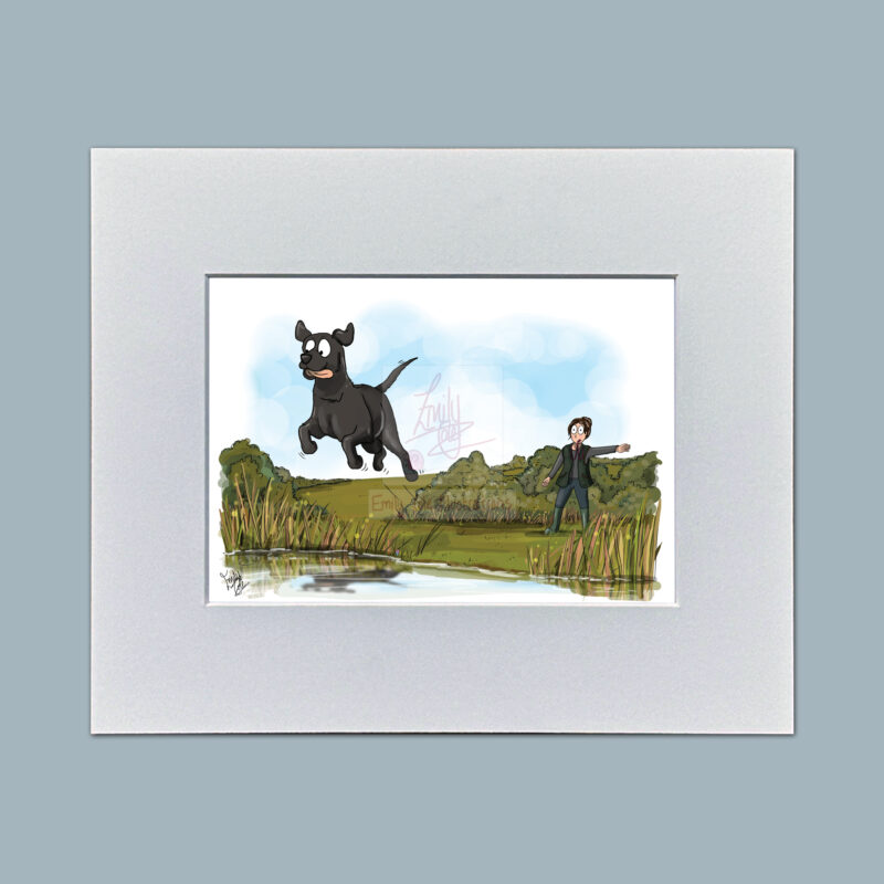 Incoming. Black Labrador Dog Mounted Mini Print by Emily Cole Illustrations