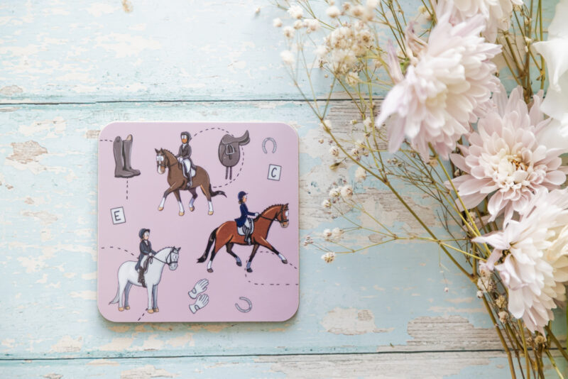 pink dressage horse pattern melamine coaster by Emily Cole illustrations