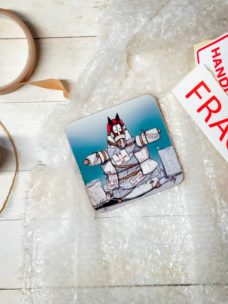 Despertate times call for desperate measures melamine coaster by emily cole illustrations - funny horse design - close up
